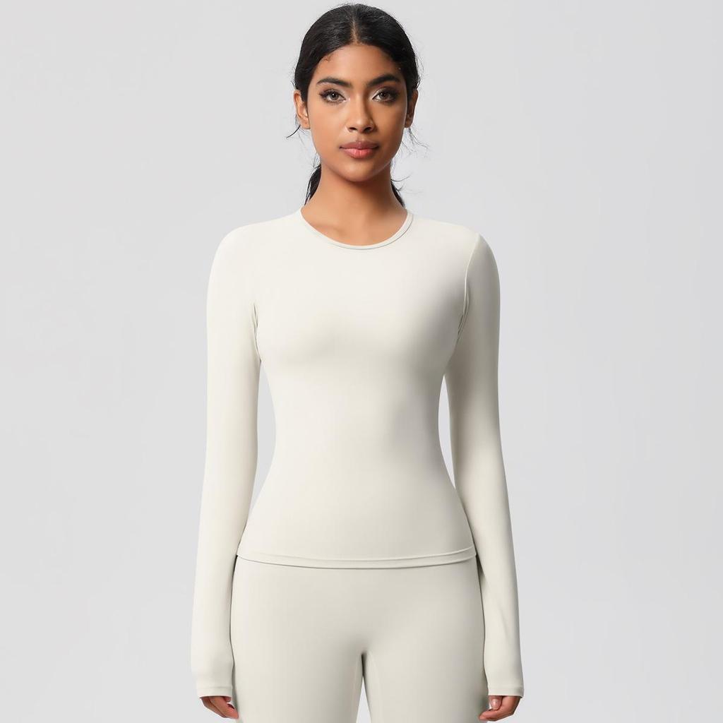 European-American Slim Fit Long Sleeve Yoga Top - Nude, Brushed Feel, Round Neck, High-Intensity Running & Fitness Wear