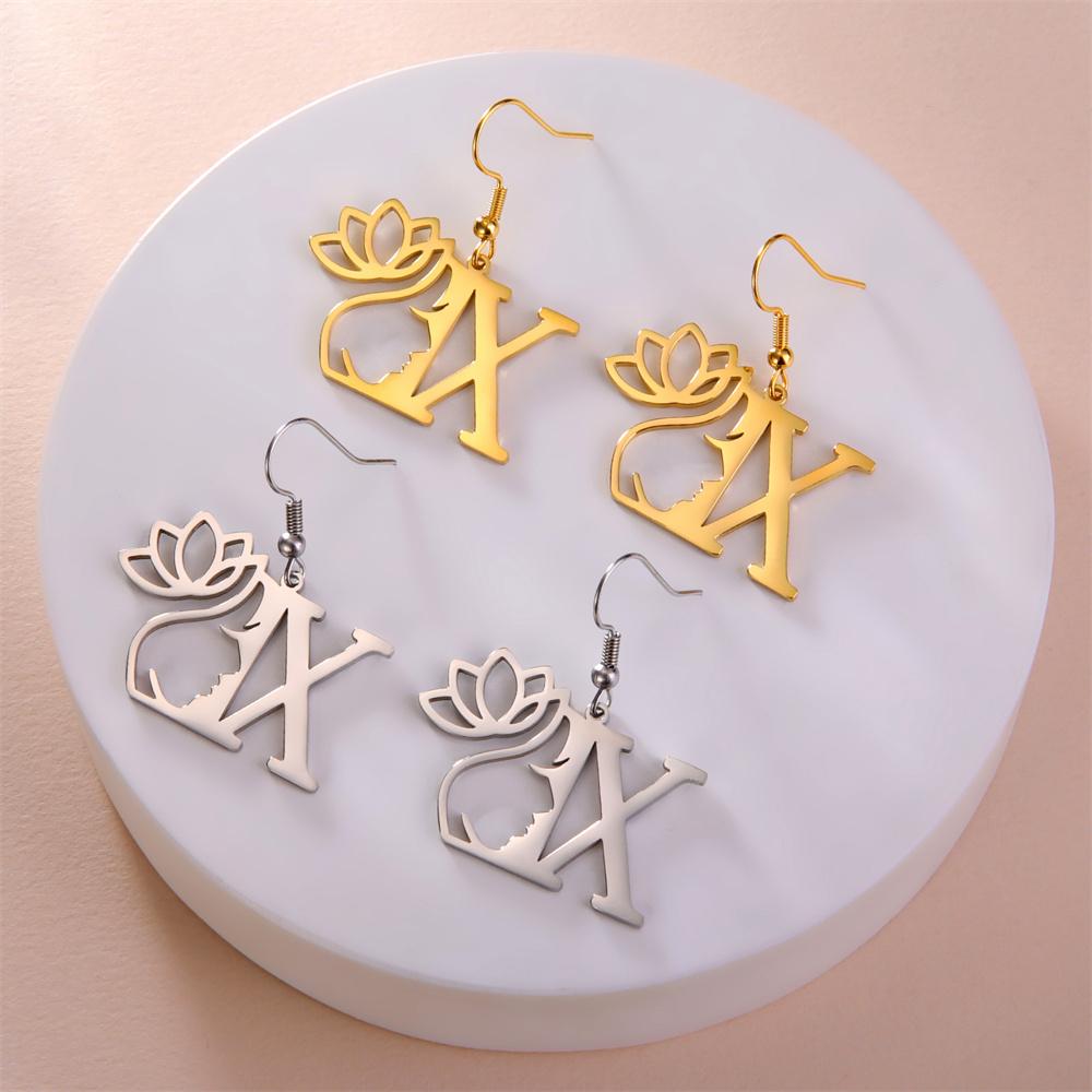 My Shape Beauty Flower Letter Drop Earrings for Women A-Z Alphabet Initials Lotus Stainless Steel Fashion Jewelry Kids Female