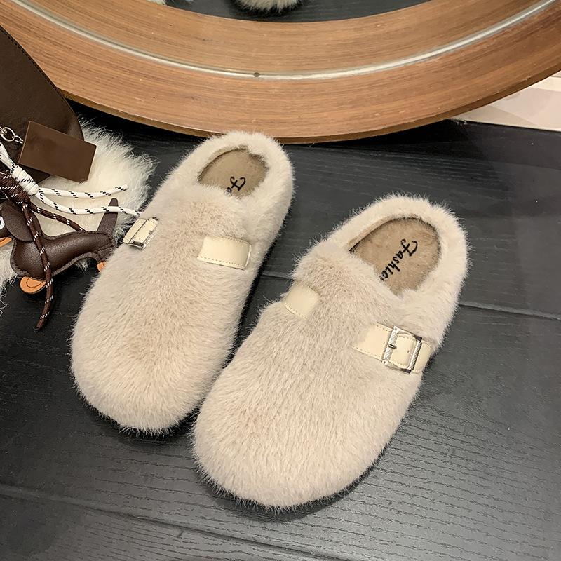 

Премиальные норковые тапочки на толстой подошве для женщин, для ношения осенью и зимой 2025 года, новые пушистые туфли с закрытым носком, хлопковые тапочки 40 хаки