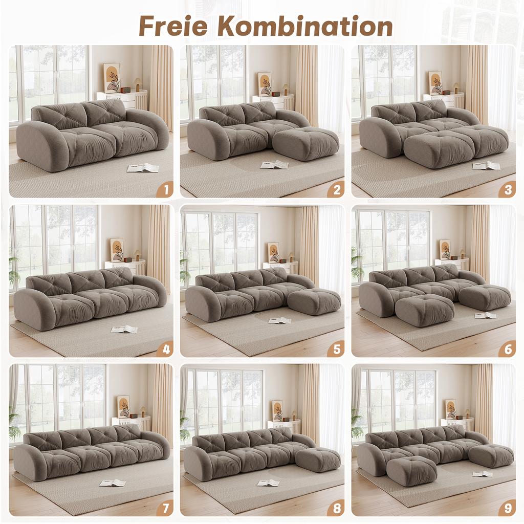Frameless Modular 2-Seater Sofa, High-Density 32D Foam, Suitable for Living Room, Chenille Fabric, Non-Slip Design, No Assembly Required, Brown