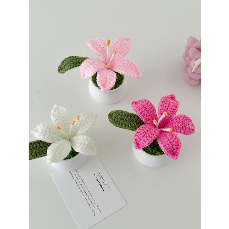 Flowers Hand-Knitted Lily Potted Delicate Crochet Woven Flowers Pot Mother's Day Gift
