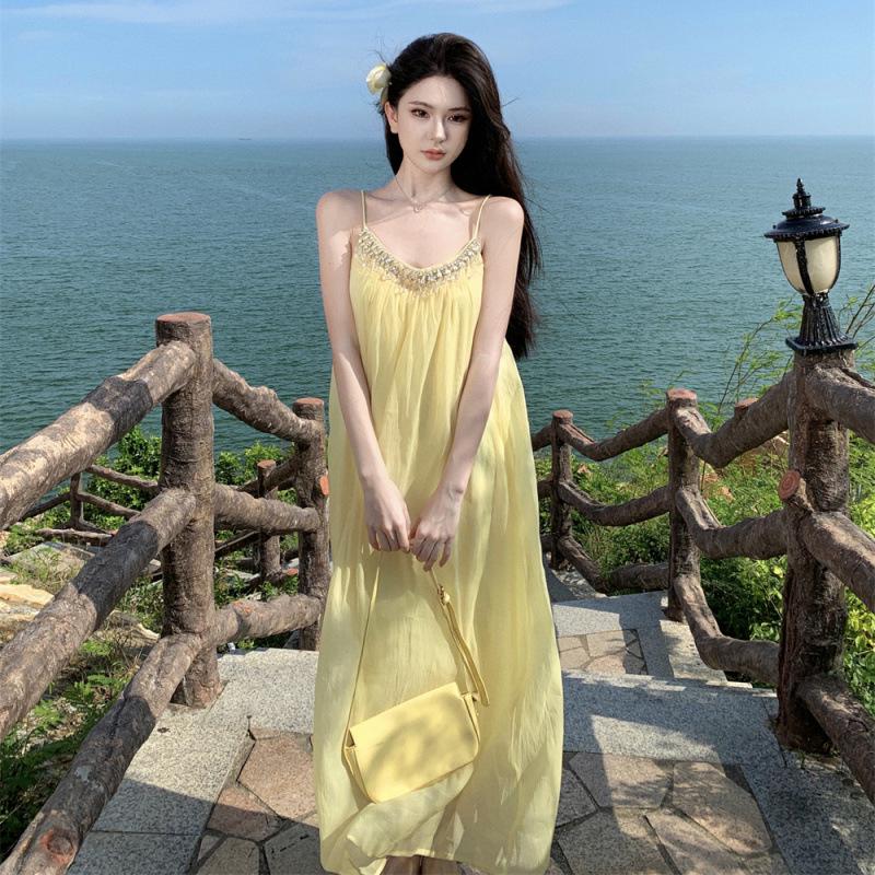 Women's Luxurious Summer Sling Dress with Rhinestone Beading - Exquisite Long Vacation Dress