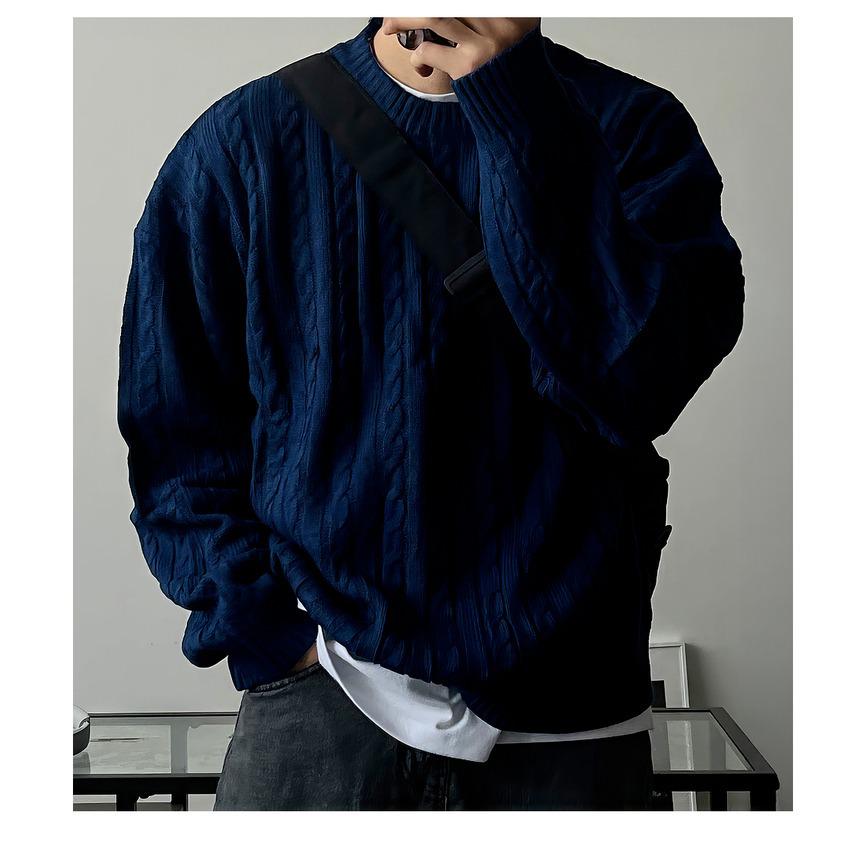 

Men s Korean Style Loose Knit Sweater - Autumn/Winter Trend, Cable Knit Round Neck Pullover 3XL темно-синього кольору