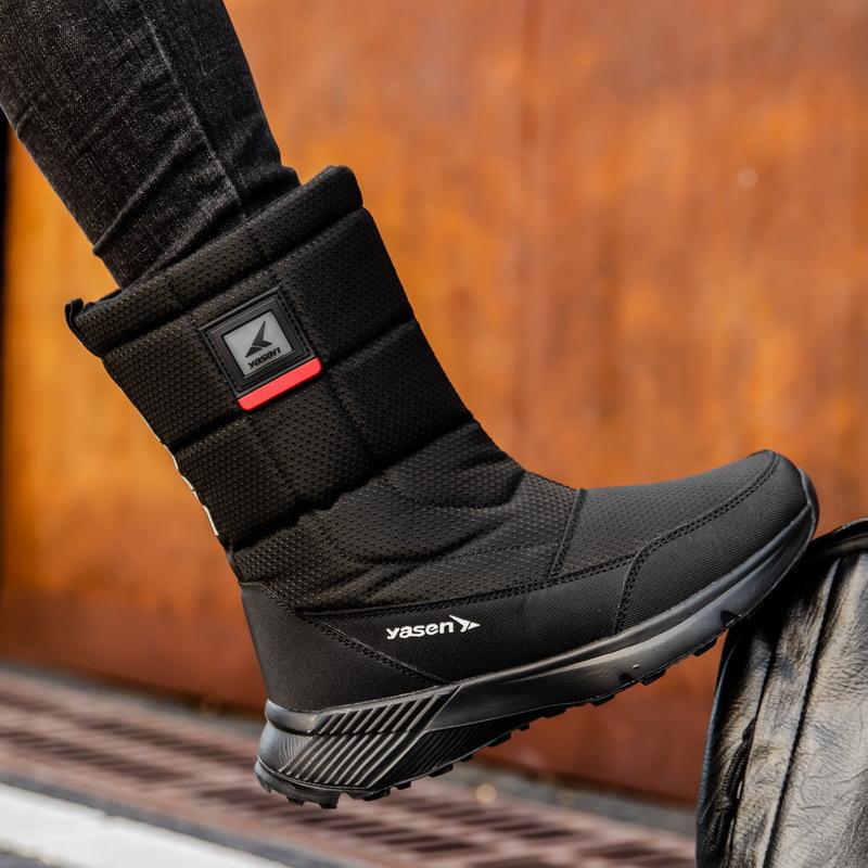 

Зимние мужские ботинки с высоким голенищем, плюшевые теплые сноубутсы, модные ботинки до середины икры из хлопка, уличные нескользящие ботинки на платформе, зимние мужские кроссовки 39