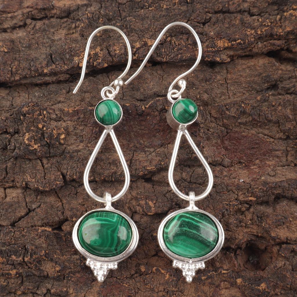 Green Oval Malachite 925 Sterling Silver Gemstone Drop/ Dangle Earrings 2.50" EE-132-19