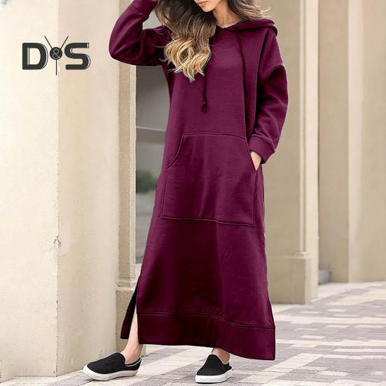 Kvinner Høst Vinter Ensfarget sweatshirtkjole Hette med snøring Langermet frontlomme sidesplitt maxikjole
