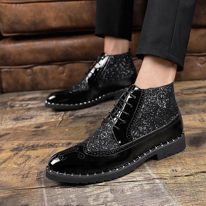 Fashion Designer Luxury Metal Pointed Toe Fashion Men Boots Rivet Sequins Leather Lace Up High Heels Ankle Boots Male Party Dress Shoes