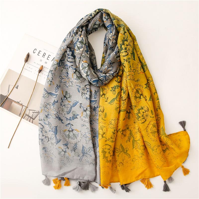 Autumn Fashion Ombre 3-color Aztec Ethnic Floral Tassel Viscose Scarf Lady Gradient Shawls and Wraps Pashmina Stole Muslim Hijab