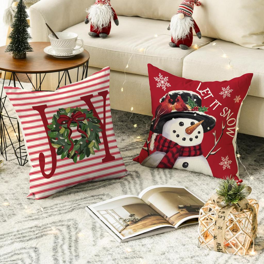 1 \ 4pcs Christmas Pillow Cover Snowman, Elderly, Printed Pattern Cushion Cover, Suitable for Room Living Room, (No Pillow Core)