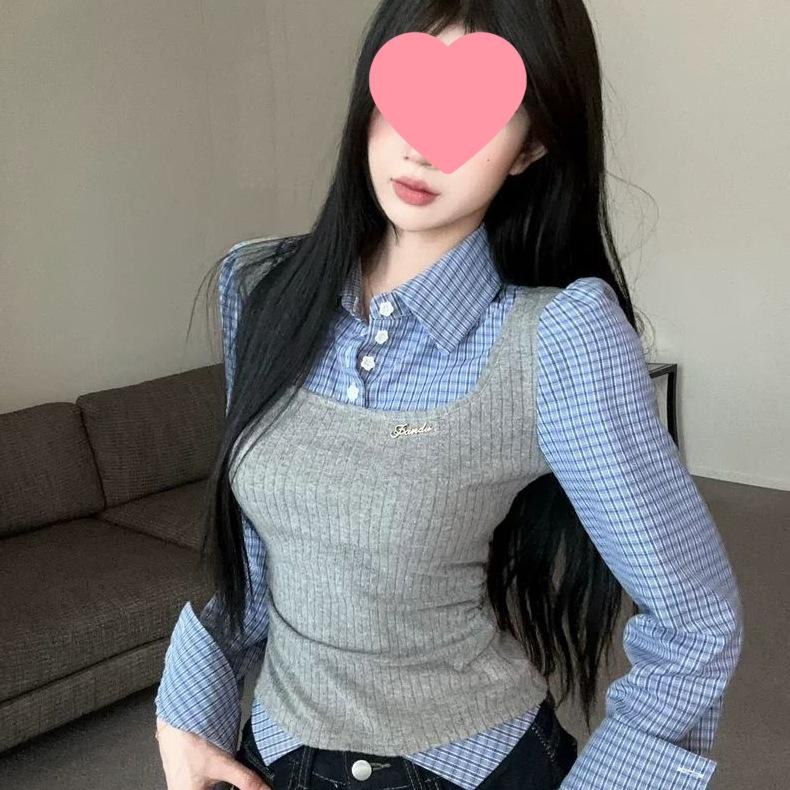 Women's Plaid Layered Shirt: Trendy College Style, Age-Reducing Two-Piece for Autumn/Winter, Featuring Inner Vest and Base Layer.