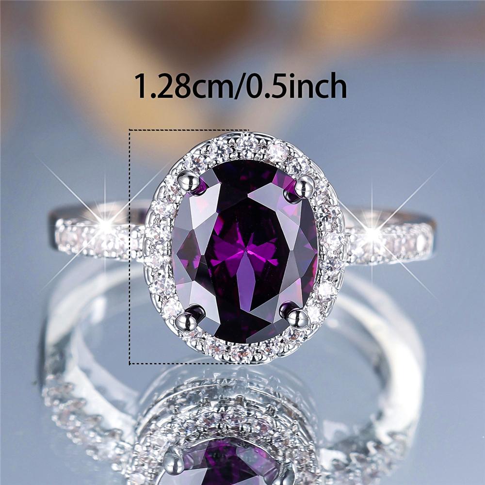 Trendy Crystal Big Purple Oval Zircon Stone Engagement Ring Vintage Silver Color Wedding Bands  For Women Men