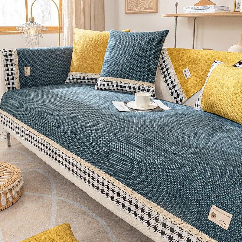 Cotton Color Block Linen Sofa Cover Non-slip Sofa Cushion Towel Home Decoration Carpet Simplicity Couch Cover for Living Room