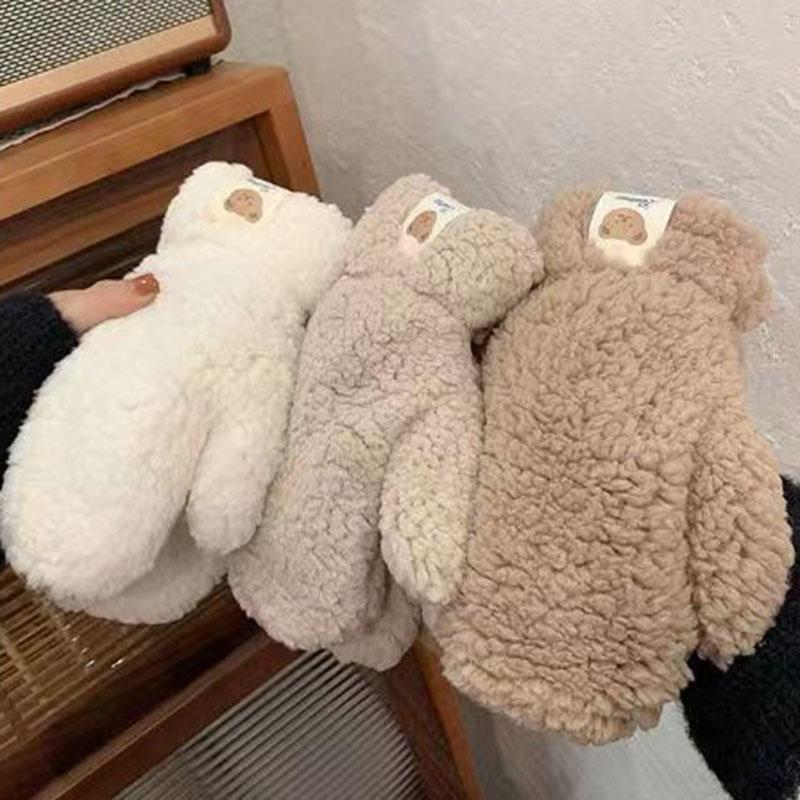 Korean Women Faux Fur Mittens Plush Thicken Warm Halter Winter Baby Gloves Girls Boys Lamb Wool Ladies Snow Gloves Outdoor