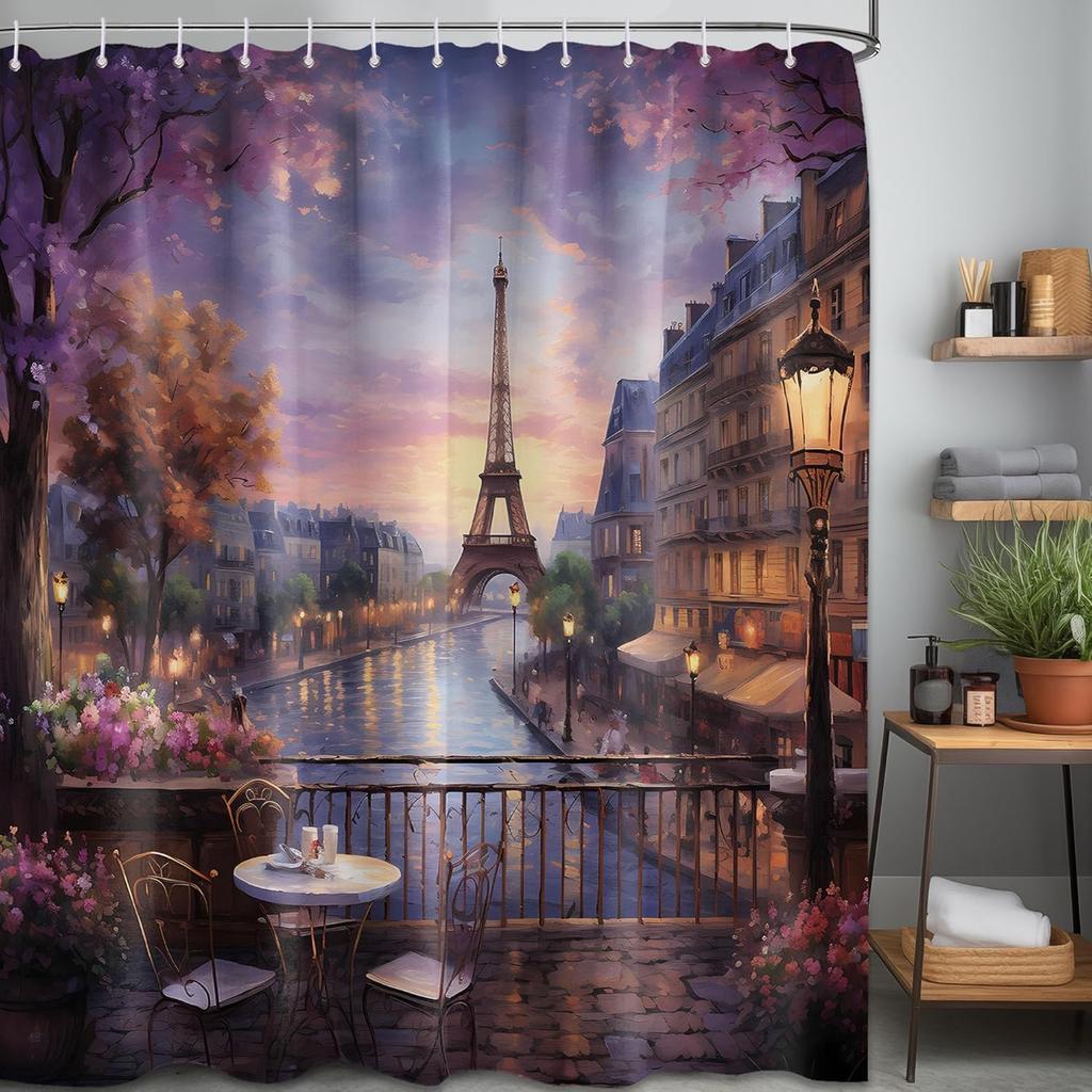 Vintage Paris Shower Curtain Eiffel Tower French Cityscape Shower Curta for Bathroom Decor Set, Waterproof Fabric with Hooks (70''W x 72''L)