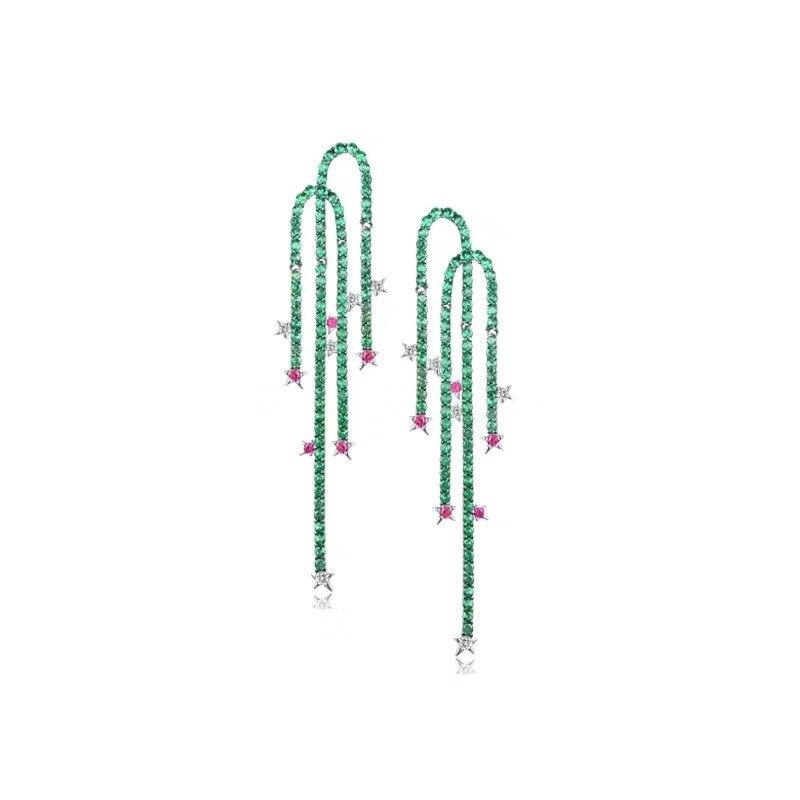 Personality Micro-set Green Cubic Zirconia Pentagram Earrings Long Tassel Earrings Lady Earringsfashion Dangle Earrings Dropship