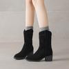 Krazing Pot Cow Suede Nubuck Winter Round Toe Modern Boots Med Heels Slip On Five-Star Decoration Women Mid-calf Boots