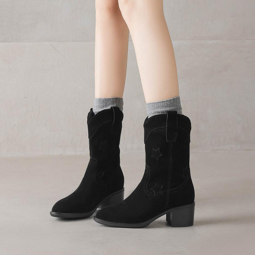 Krazing Pot Cow Suede Nubuck Winter Round Toe Modern Boots Med Heels Slip On Five-Star Decoration Women Mid-calf Boots