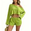 Women Two Piece Set Asymmetric Off Shoulder Crop Top and High Waist Shorts Summer Casual Lounge Wear Striped Knit Fabric