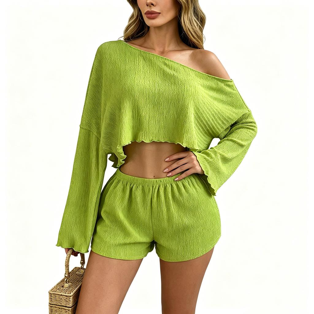 Women Two Piece Set Asymmetric Off Shoulder Crop Top and High Waist Shorts Summer Casual Lounge Wear Striped Knit Fabric