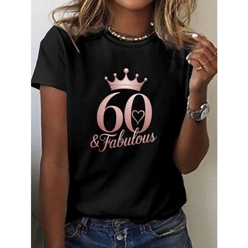 

European sizes Women s 60 & Fabulous Rose Golden T-Shirt - Short Sleeve Crew Neck Casual Top with Number 60 Print, Outfit, Spring Summer Casual Attire 4XL чорний