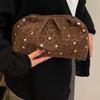Versatile Matt Side Clutch Bag Retro Large Capacity Lady Hand-held Purse Leopard Print Magnetic Button Pleated Rivet Handbag