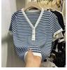 Fashion Summer Temperament Versatile Striped V-neck Pearl Buttons Short Paragraph Short-sleeved Knit Shirt Tops Female Casual Slim Fit Pullovers Tees
