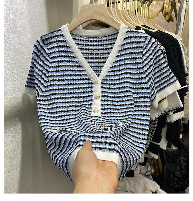 Fashion Summer Temperament Versatile Striped V-neck Pearl Buttons Short Paragraph Short-sleeved Knit Shirt Tops Female Casual Slim Fit Pullovers Tees