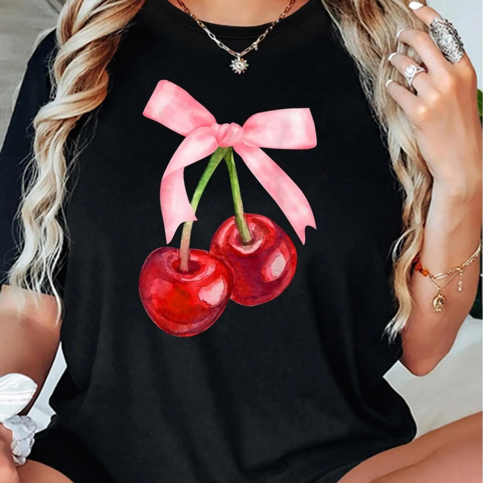

1pc Women S Cherry Bow Print T-Shirt - Casual Crew Neck, Polyester Knit, Medium Stretch, Non-See-Through, Machine Washable, Shor XXXXXL чорний
