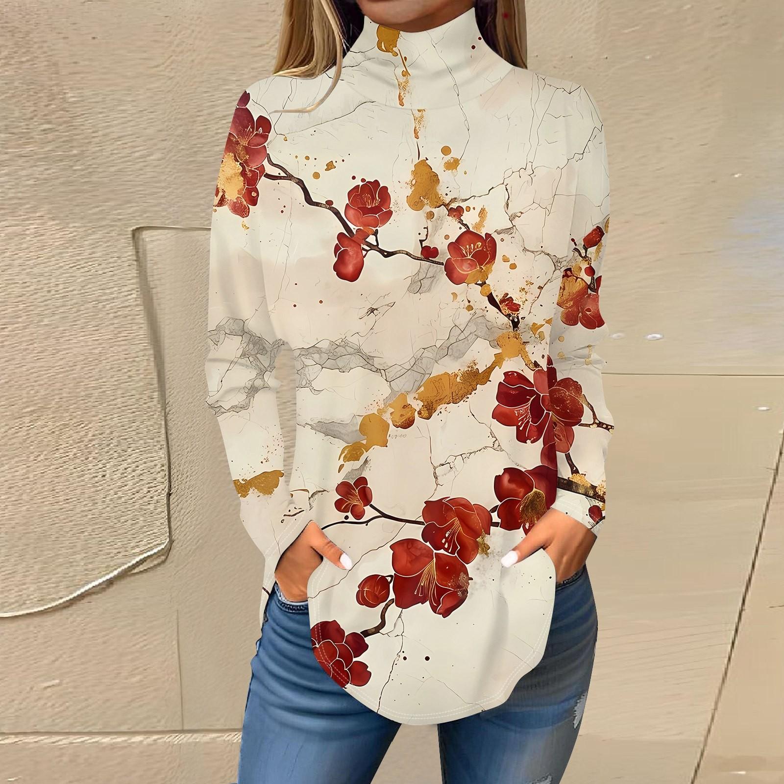 

Женская модная повседневная футболка с длинным рукавом с высоким воротом и принтом, пуловер, топ XL красный