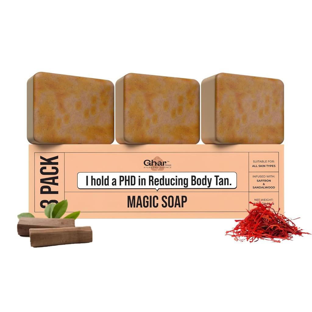Ghar Soaps Sandalwood & Saffron Magic Soaps For Bath (300 Gms Pack Of 3) | Handmade Soaps For Glowing | Skin Brightening Soap For Men & Women