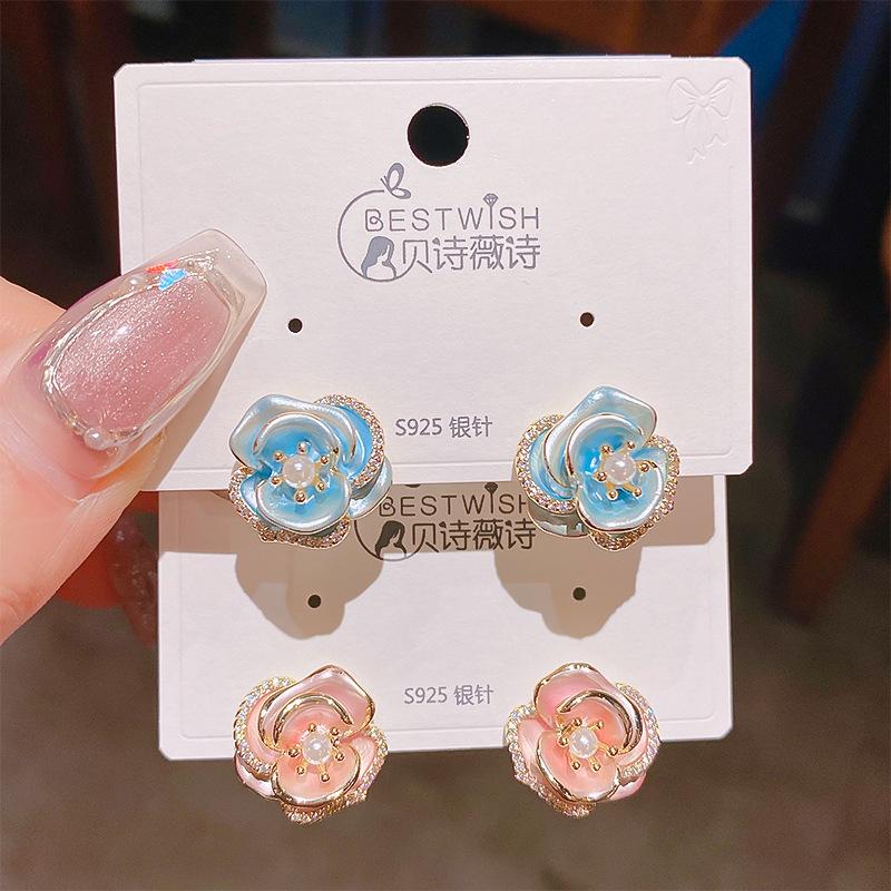 French Metal Geimetric Flower Earrings for Women Fashion Oil Dripping Colorful Flower Stud Earrings Party Wedding Jewelry Gifts