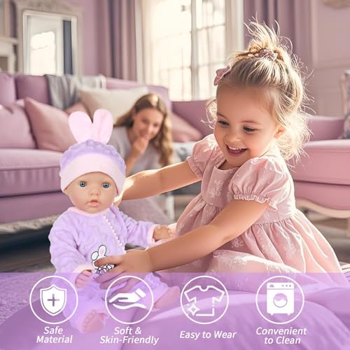 6-Piece Bunny Baby Doll Clothes Outfits for 12-18 Inch Dolls (30-43 cm), Includes Bunny Hat Socks & Hanger, Newborn Doll Clothing