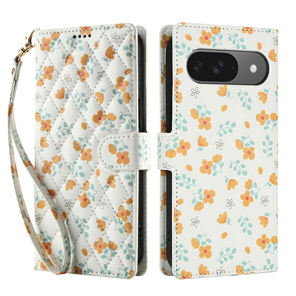 Wallet Case for Google Pixel 10 Pro/10/9 Pro/9 Rhombic Floral Design Leather Flip Phone Cover with Strap