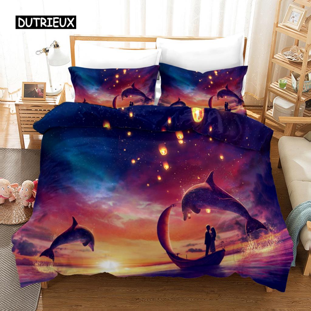 Delfin Bettbezug Set 3D Delfine Springen Bettwäsche Set Polyester Meerestier Thema Für Teenager Doppel Queen King Size Bettdeckenbezug
