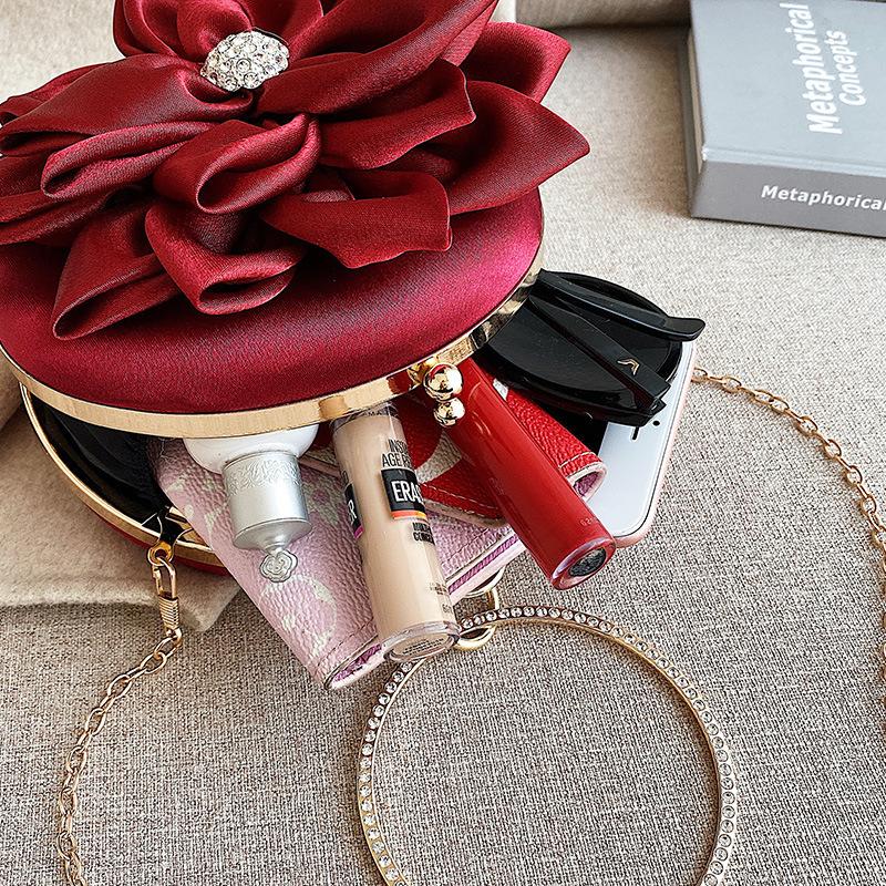 Red Flower Clutch Purse Women Round Evening Bag Crystal Diamond Wedding Silk Handbag Exquisite Chain Shoulder Bags
