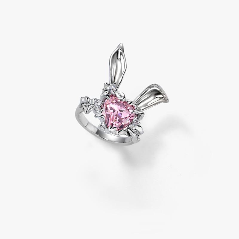 Alice Playful Rabbit Ears Love Gem Earrings Fold Ears Rabbit Powder Heart Ring Sweet Cool Pink Diamond Cute Rabbit Necklace Female