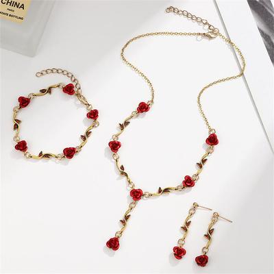 Retro French Jewelry Set: Diamond Rose Flower Necklace & Red Rose Pendant