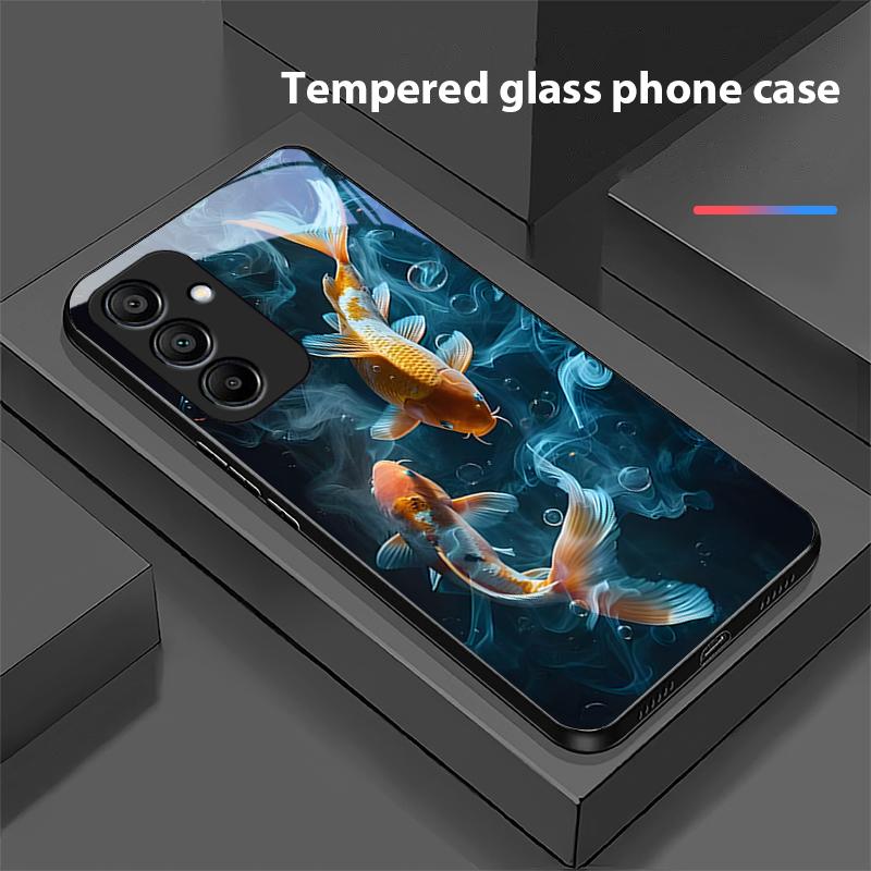 Chinese Wind Fish For Samsung Galaxy A15 5G 54 4G 51 50 24 35 90 71 12 51 53 52S 80 22 34 Black Tempered Glass Phone Case