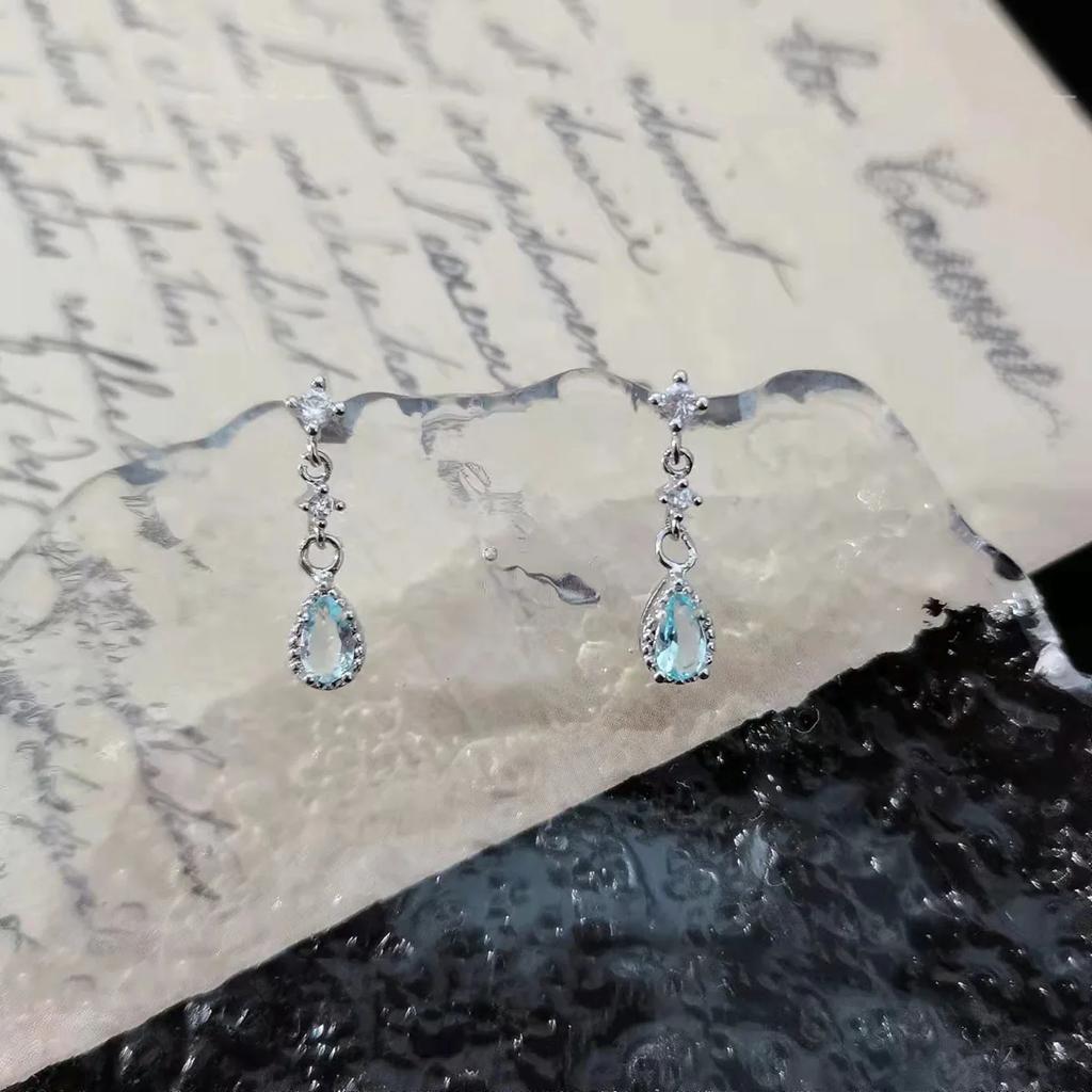 Fashion Ins Silver Needle Blue Rhinestone Zircon Earring Women Girl Wedding Jewelry Simple Water Droplet Stud Earrings