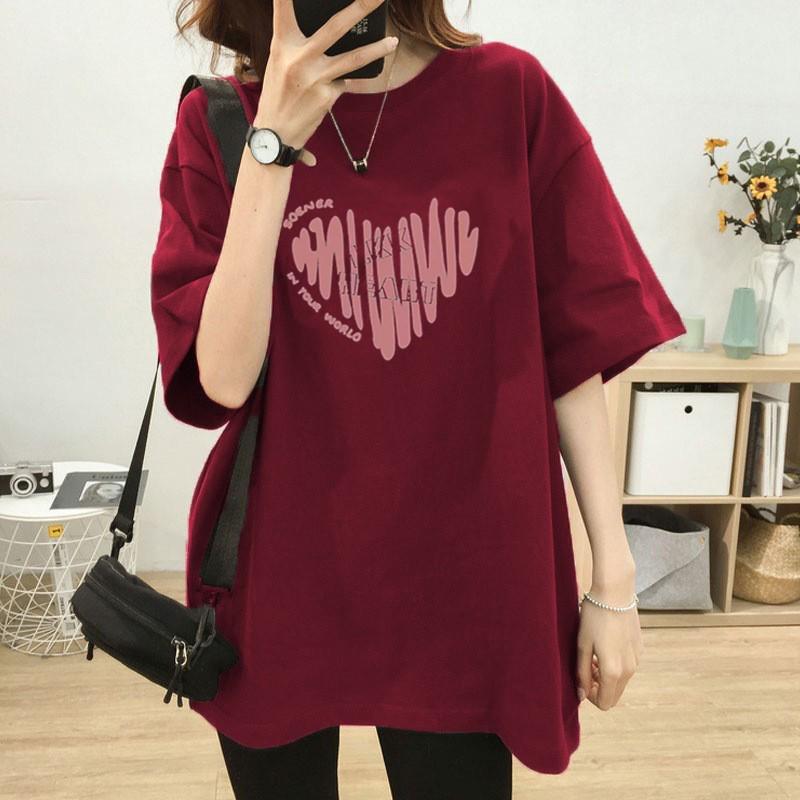 Plus Size Cotton T-Shirt - Women's Summer Short Sleeve Pink Heart Mid-Length Loose European Style