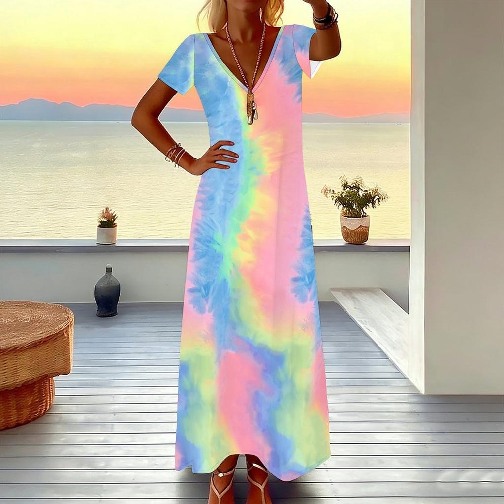 Women Plus Size V Neck Short Sleeve Maxi Dress Spiral Tie Dye Print Loose Summer Holiday Long Dress