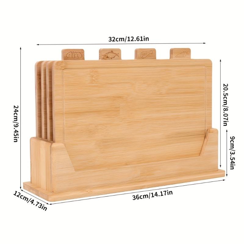 4pcs Bamboo Cutting Board Set with Stand Food Icons Juice Groove for Meat Fish Bread Vegetables Fruits Christmas Kitchen Tool