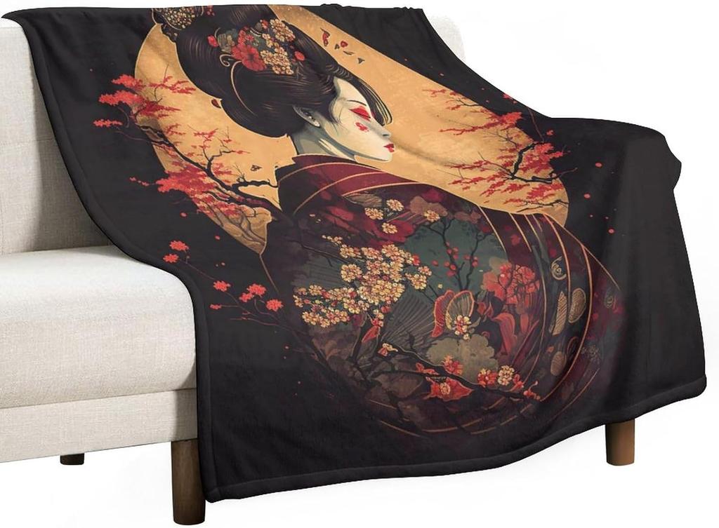 GUOYU Blanket Japanese Bedding Fleece BlanketRetro Beautiful Flower Japan Geisha Cherry Blossoms Flannel Soft Warm Microplush Lightweight