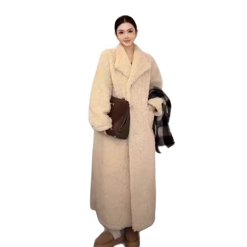 Winter New Suit Collar Lamb Wool Coat Women's Thickened Fur Integrated Long Fur Loose Coat Over the Knee