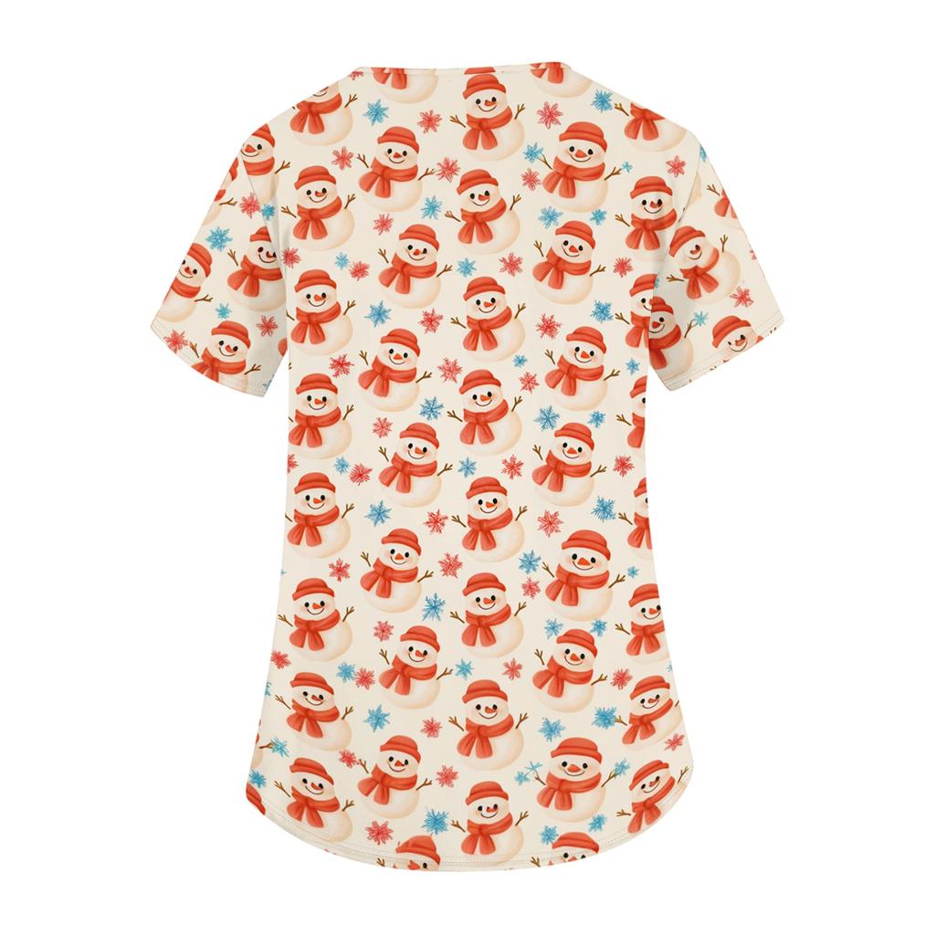 Women's Christmas Print V-Neck Short Sleeve Work Shirt with Pockets Caregiver Uniform Top