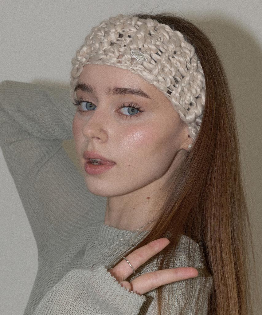 Slowslowly Sleeve Handmade Crochet Knit Big Wool Hairband _ Beige