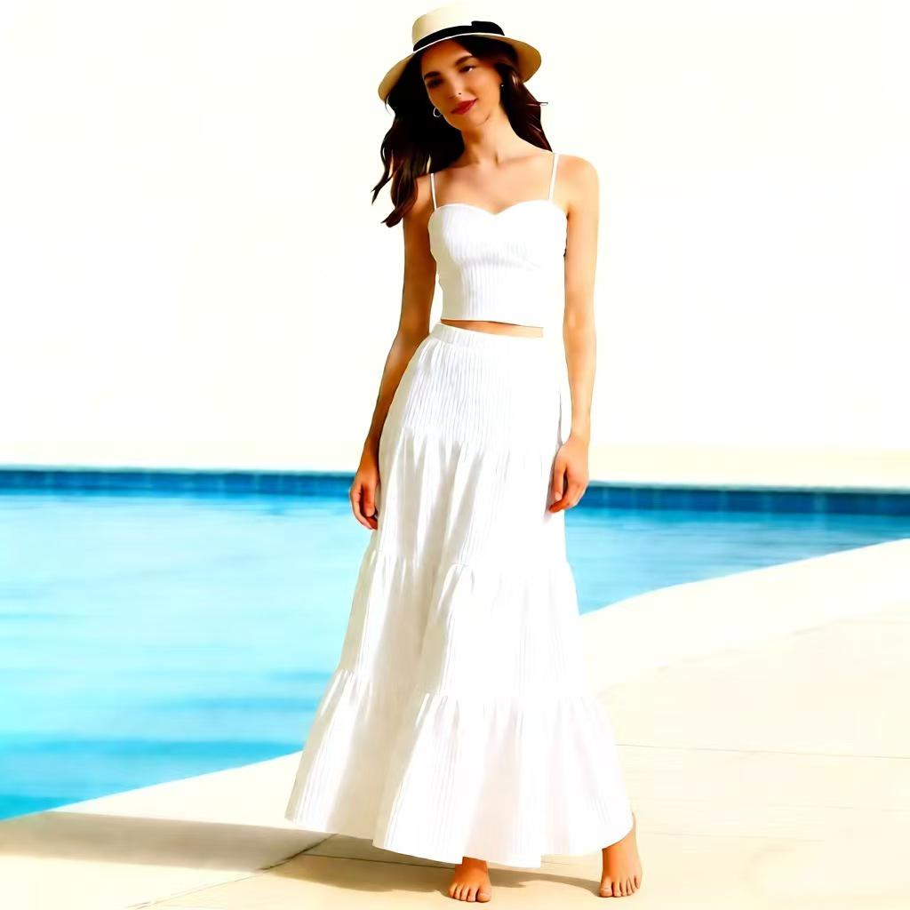 European & American Ruffled Camisole Two-Piece Set with Flowy Midi Skirt (2026 Summer Collection) Large