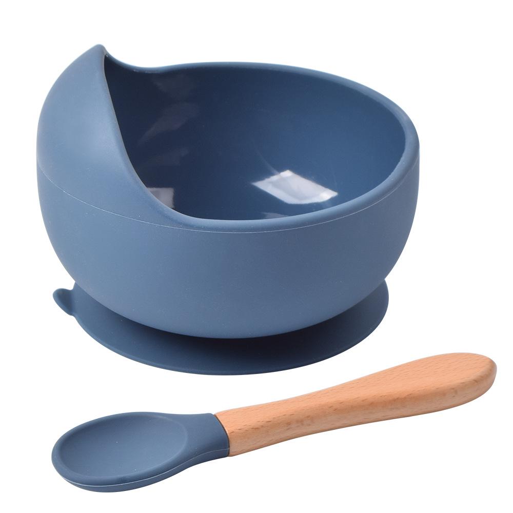 Silicone Baby Bowl & Spoon Set with Wooden Handle and Suction Cup