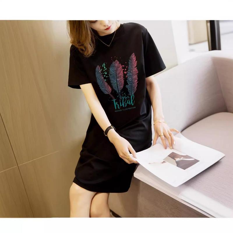 YYFS Dámská móda Léto Jaro Peří Potisk Krátký rukáv O-výstřih Volný pas Ležérní šaty