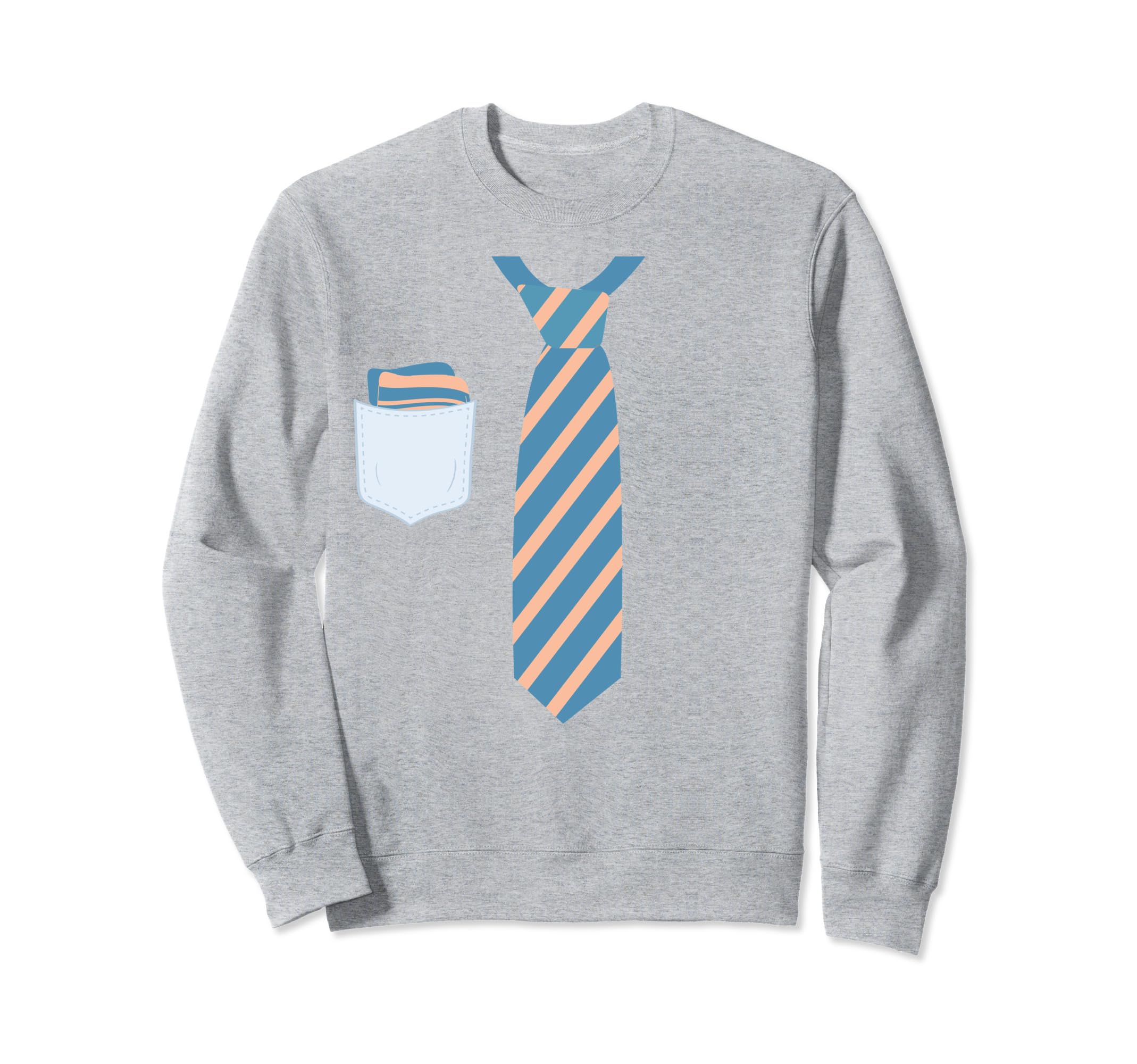 Matching pocket square, blue and yellow striped tie. Sweatshirt